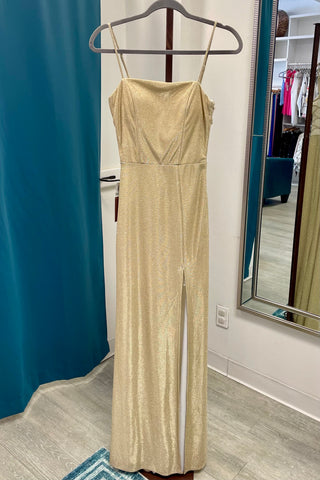 B Darlin Glitter Spaghetti Strap Mesh Back Gown - Gold