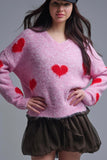The Q2 V-neck Sweater with Red Hearts- Pink