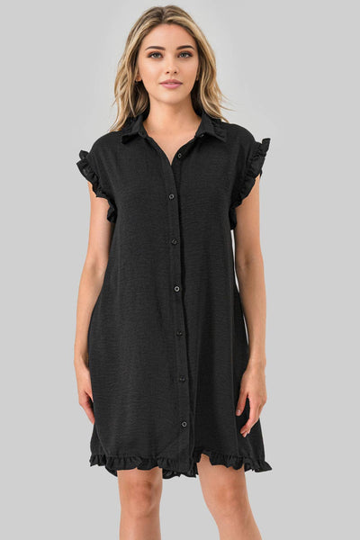 Avery Game Day Ruffle Button Down Dress Black