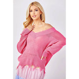 Light Knit Destroyed Hem V-Neck Sweater