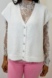 Q2 Soft Knit Sleeveless Cardigan Vest with Lace Trim - Cream