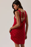 Boat Neck Sleeveless Crochet Dress - Red