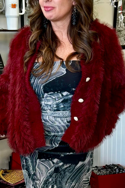 The Q2 Cropped Fine Fur Jacket- Maroon