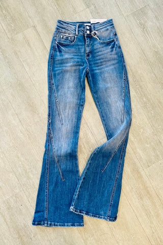 Jackie High Rise Detailed Stretch Flare Jeans - Blue