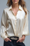 The Q2 Elegant Button Up in Satin Silk- Beige