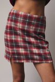 Woolen Plaid Slit Mini Skirt - Cream/Red