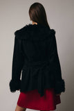 Long Sleeve Faux Fur Detailed Suede Jacket- Black