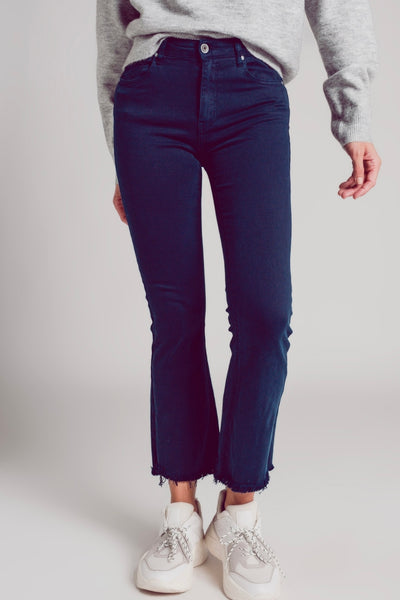 Q2 Flare Jeans with Raw Hem Edge in Blue Ink - Navy