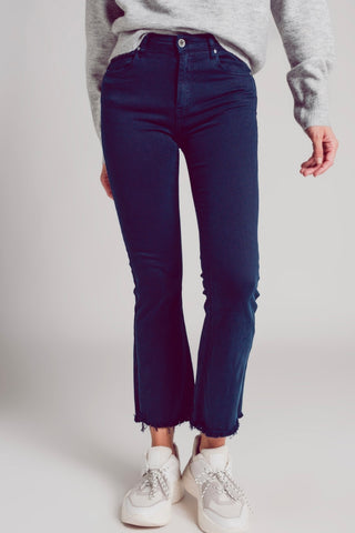 Q2 Flare Jeans with Raw Hem Edge in Blue Ink - Navy
