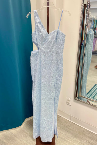 Aidan Mattox Sequined One Shoulder Cutout Gown -  Mist