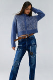 The Q2 Fluffy Knit Cardigan Sweater with Sequins and Zipper - Blue