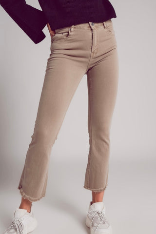 Q2 Flare Jeans with Raw Hem Edge - Beige