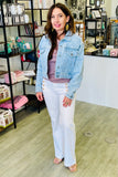 The Q2 Heart Embellished Oversized Denim Jacket - Light Wash
