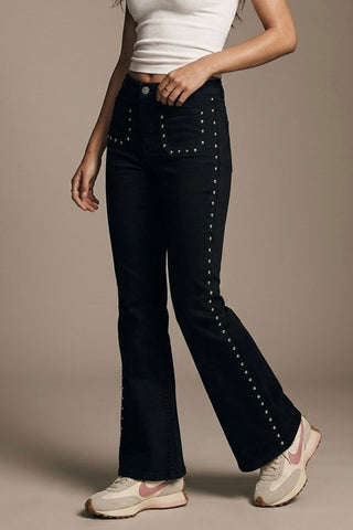 The Q2 Flare Leg Jeans with Stud Detail- Black