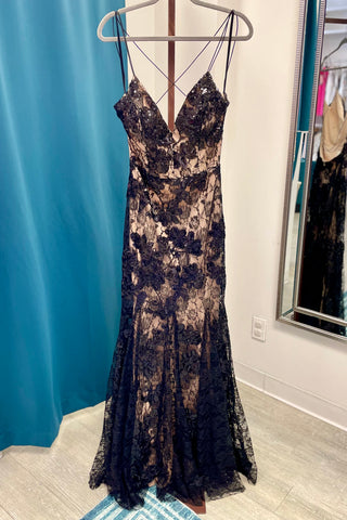 Emerald Sundae Sequined Floral Lace Evening Gown - Black/Nude