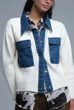Q2 Kitted Cardigan with Denim Details- Cream