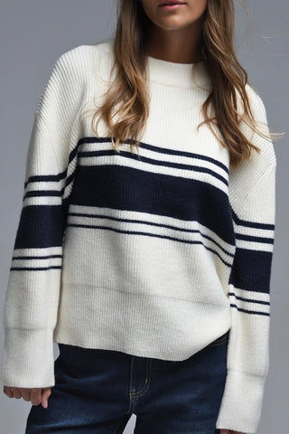 The Q2 Ribbed Cream Sweater with Navy Chest Stripes