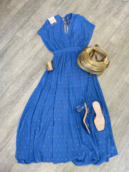 Q2 Back Cutout Gold Stitched Maxi Dress - Blue