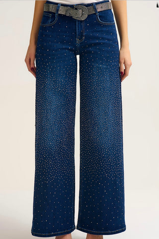 The Q2 Wide Leg Jeans with Rhinestone Detailing- Blue