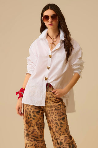 The Q2 Oversized Blouse With Gold Heart Buttons- White