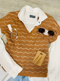 The Q2 Zigzag V-Neck Knit Sweater with Dropped Sleeves- Brown