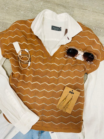 The Q2 Zigzag V-Neck Knit Sweater with Dropped Sleeves- Brown