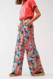 The Q2 Wide Leg Floral Print Pants - Orange