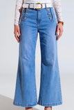 The Q2 Straight Flared Jeans with Gold Button Details - Washed Blue
