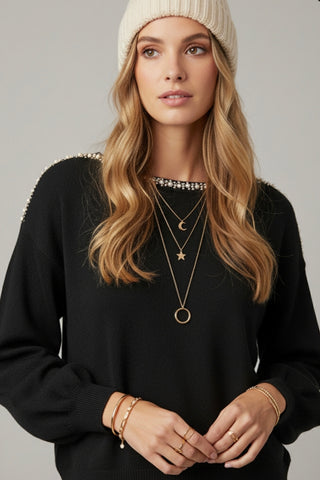 The Q2 Fine Knit Sweater with Rhinestone Boat Neck