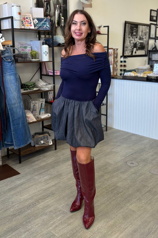 The Anais Off Shoulder Bubble Dress- Denim