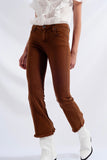 Q2 High Rise Raw Hem Flared Jeans-Brown