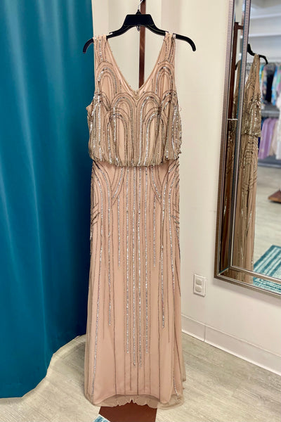 Adrianna Papell Blouson Beaded Art Noveau Gown - Taupe/Pink
