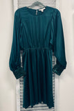 Audrey Satin Puff Sleeve Sequin Accents Midi Dress - Hunter Green