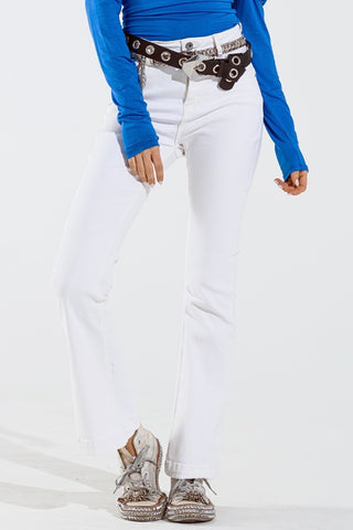 The Q2 Skinny Flare Jeans With Double Button Detail- Cream