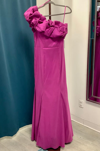 City Studio Tulle Ruffled One Shoulder Mermaid Gown - Magenta
