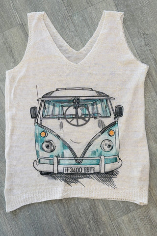 Italian White Van Knit Printed Sleeveless Sweater