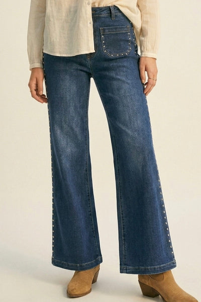 The Q2 Flare Leg Jeans with Stud Detail- Blue