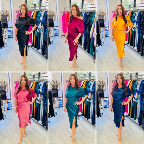 The Satin Stretch Sleeved Dress with Slit