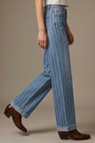 The Q2 Frayed Wide Leg Jeans with Stripe Design- Blue