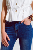 The Q2 Mid Wash Flared Skinny Jeans with Raw Hem- Blue