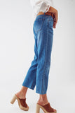 Q2 Mid Wash Straight Jeans With Raw Hem - Blue
