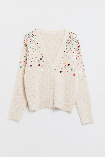 The Q2 Knit V-Neck Cardigan with Sequins