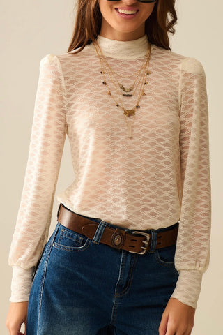 The Q2 Sheer Lace Turtleneck Top with Puff Shoulders- Cream