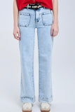 The Q2 Wide Leg Jeans with Front Pockets- Light Wash