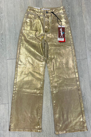 Q2 Gold Wide Leg Jeans with Metallic Glow - Beige