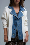Q2 Waffle Knit Cardigan Sweater with Denim Inside- Cream