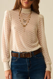 The Q2 Sheer Lace Turtleneck Top with Puff Shoulders- Cream