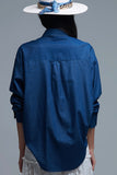 The Q2 Relaxed Denim Shirt with Gold Buttons- Blue