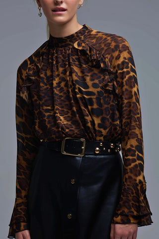 The Q2 Leopard Print Chiffon Blouse with Ruffle Detail - Brown