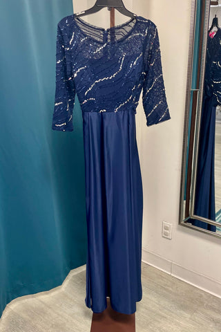 Alex Evenings Satin Sequins 3/4 Sleeved Evening Gown - Navy